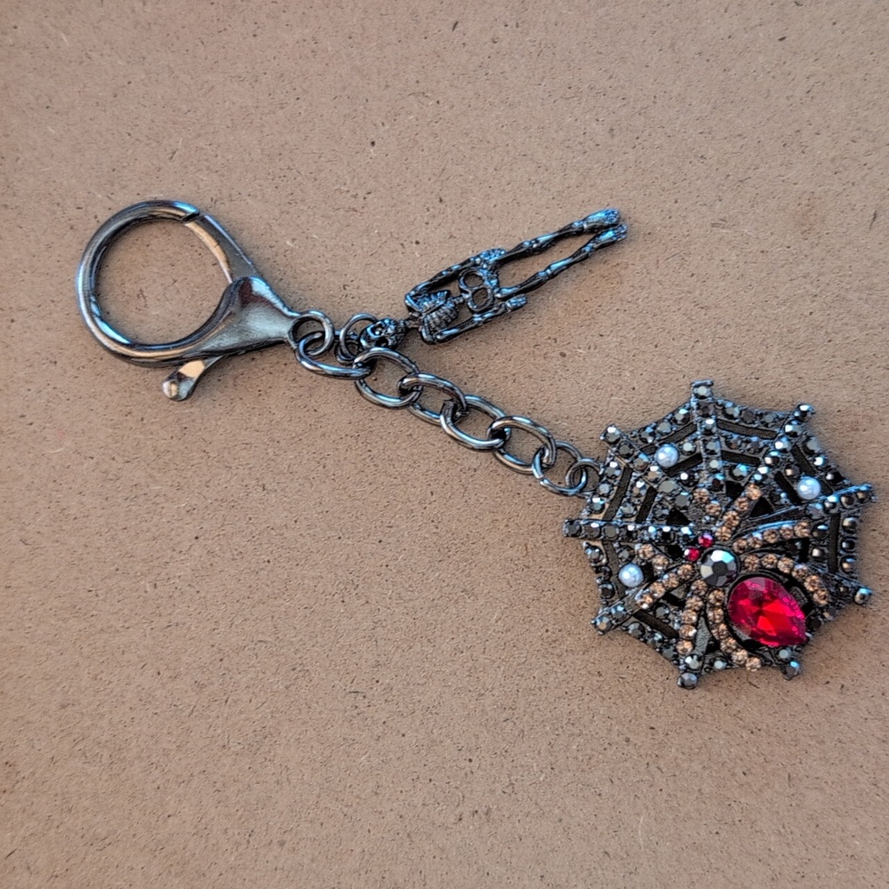 Halloween Silver Spider Web Keychain with Red Accent Bag Charm